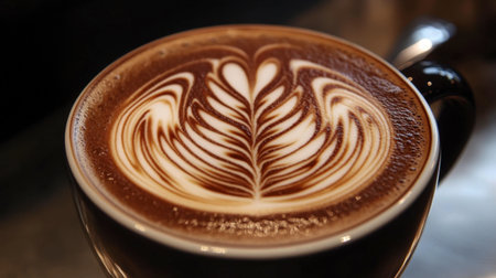 A close-up of a coffee cup with a unique, intricate latte art design, highlighting the skill of the barista.の素材