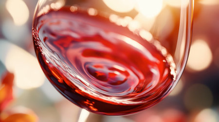 A close-up of a glass of French red wine swirling in the sunlight during a wine tasting.の素材