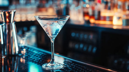 A close-up of a premium vodka bottle and martini glass, set on a stylish bar counter with ambient lighting.の素材