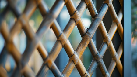 A close-up of a "Y" shaped bamboo fence or trellis, blending natural materials with modern design.の素材