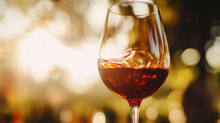 A close-up of a glass of French red wine swirling in the sunlight during a wine tasting.の素材