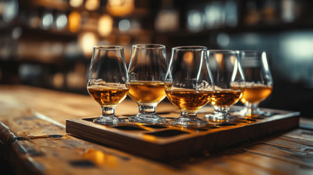 A close-up of a neatly arranged whiskey flight, with different types of whiskey served in elegant glasses.の素材
