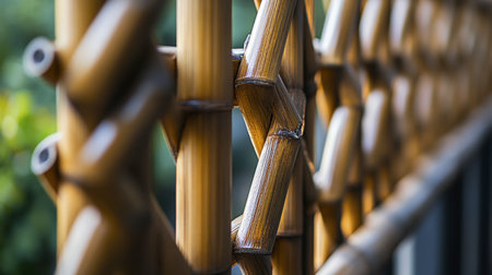 A close-up of a "Y" shaped bamboo fence or trellis, blending natural materials with modern design.の素材