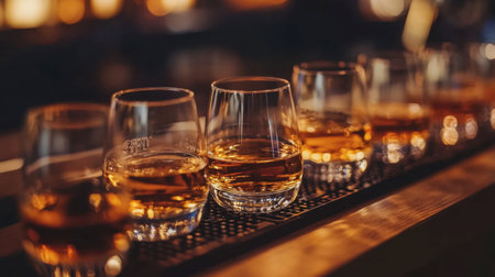 A close-up of a neatly arranged whiskey flight, with different types of whiskey served in elegant glasses.の素材