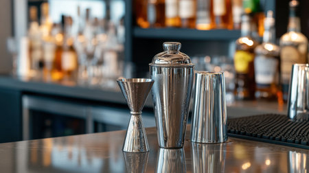 A close-up of a cocktail shaker and jigger on a sleek bar counter, ready for mixing a classic martini.の素材