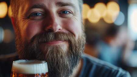 A close-up of a man with a neatly trimmed beard, enjoying a pint of beer with a satisfied expression at a brewery.の素材
