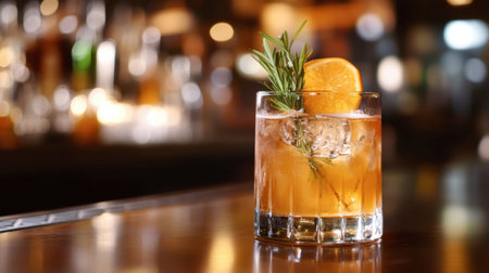 A close-up of a craft cocktail with a unique garnish, set on a sophisticated bar counter with a blurred background.の素材