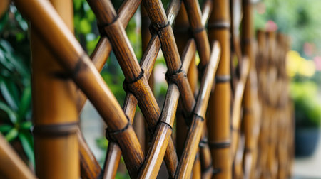A close-up of a "Y" shaped bamboo fence or trellis, blending natural materials with modern design.の素材