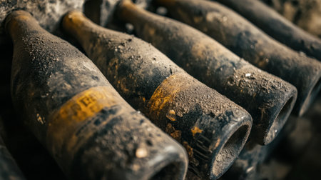 A close-up of vintage bottles of Champagne in a wine cellar, covered in dust.の素材