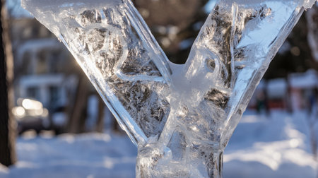 A close-up of a "Y" shaped ice sculpture at an outdoor winter event, capturing the artistry of the craft.の素材