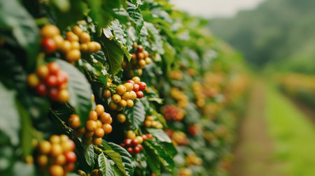 A coffee bean farm with ripe coffee cherries ready for harvest, showcasing the origins of high-quality coffee.の素材