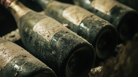 A close-up of vintage bottles of Champagne in a wine cellar, covered in dust.の素材