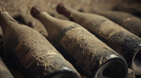 A close-up of vintage bottles of Champagne in a wine cellar, covered in dust.の素材