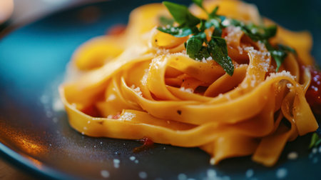 A close-up of a "Y" shaped pasta on a plate, garnished with sauce and herbs, perfect for food photography.の素材