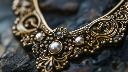 A close-up of a "Y" shaped necklace or jewelry piece, with intricate details and craftsmanship.の素材