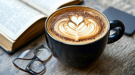 A coffee cup with a creative latte art design, placed on a wooden table next to a book and a pair of reading glasses.の素材
