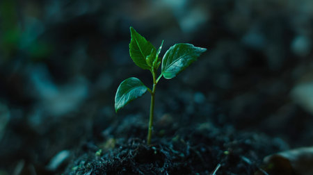A close-up of a young sapling with leaves forming a "Y" shape, symbolizing growth and new beginnings.の素材