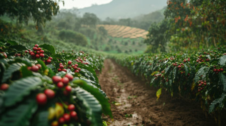 A coffee bean farm with ripe coffee cherries ready for harvest, showcasing the origins of high-quality coffee.の素材