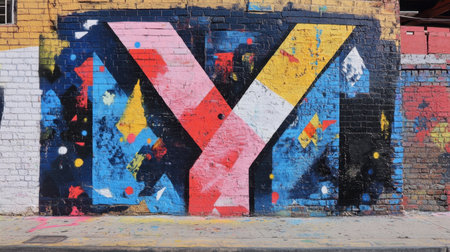 A colorful "Y" shaped graffiti on an urban wall, blending street art with modern city life.の素材