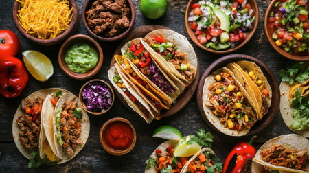 A colorful and delicious taco spread with various fillings, including beef, chicken, and vegetarian options.の素材