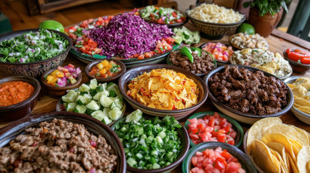 A colorful and delicious taco spread with various fillings, including beef, chicken, and vegetarian options.の素材