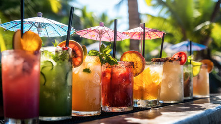 A colorful array of tropical cocktails with umbrellas and fruit garnishes on a sunny beachside bar.の素材