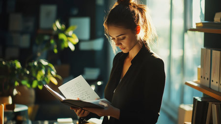 A confident businesswoman preparing for a presentation, reviewing notes in a sleek office space.の素材
