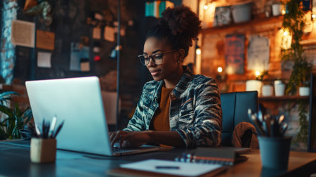 A confident entrepreneur sitting at their desk, working on their startup plans with determination.の素材