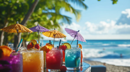A colorful array of tropical cocktails with umbrellas and fruit garnishes on a sunny beachside bar.の素材