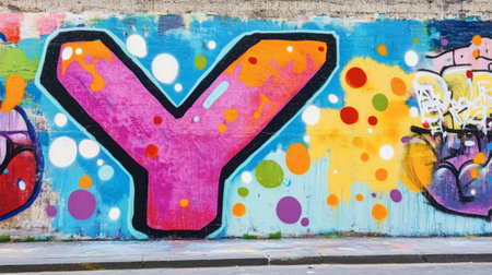 A colorful "Y" shaped graffiti on an urban wall, blending street art with modern city life.の素材