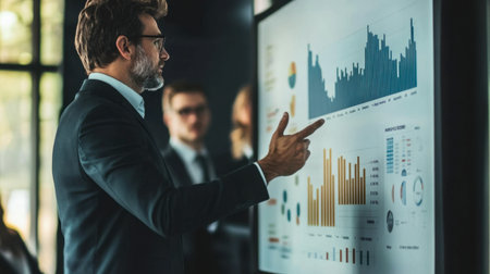 A corporate executive giving a presentation, pointing to graphs on a whiteboard while speaking to colleagues.の素材
