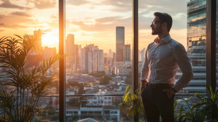 A confident businessperson in a modern office, standing in front of a large window with a cityscape view.の素材