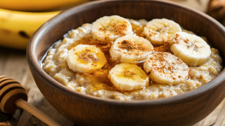 A cozy breakfast scene with a warm bowl of oatmeal topped with sliced bananas, honey, and a sprinkle of cinnamon.の素材