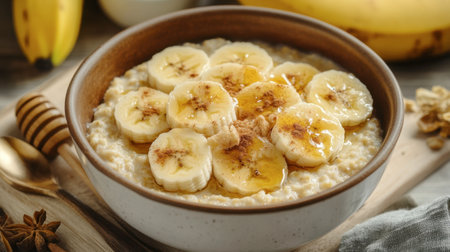 A cozy breakfast scene with a warm bowl of oatmeal topped with sliced bananas, honey, and a sprinkle of cinnamon.の素材