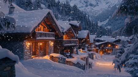 A cozy chalet in the French Alps, with snow-covered rooftops and a crackling fire inside.の素材