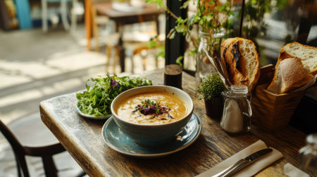 A cozy table setting with a bowl of hot soup, a crusty baguette, and a side of mixed greens in a charming.の素材