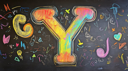 A creative chalkboard sign with the letter "Y" highlighted in colorful doodles, perfect for a trendy.の素材