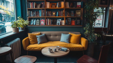 A cozy corner of a coffee shop with comfortable seating, a coffee table, and a shelf filled with coffee-related books.の素材