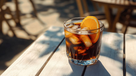 A cup of cold brew coffee with ice cubes and a slice of orange on a sunny outdoor patio, perfect for a refreshing drink.の素材