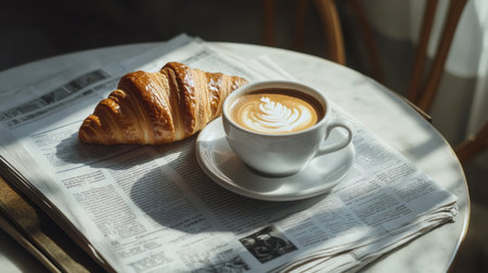 A cup of hot coffee with a perfect swirl of cream, served with a croissant and a newspaper on a breakfast table.の素材