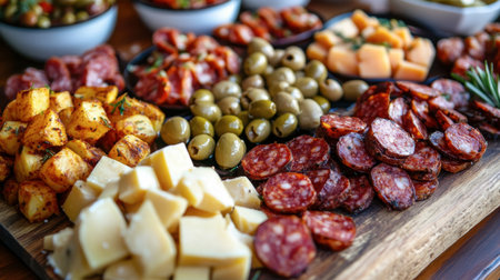 A delicious spread of tapas including patatas bravas, chorizo, olives, and Spanish cheese, served on a wooden board.の素材