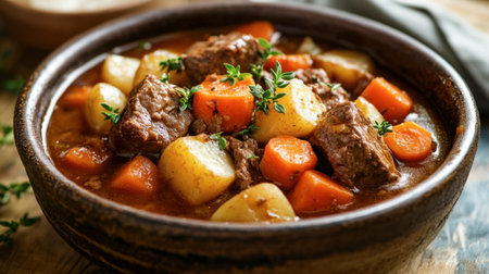 A hearty and flavorful beef stew with tender chunks of meat, potatoes, and carrots, served in a rustic bowl.の素材