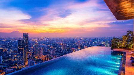 A high-rise hotel pool in Bangkok offering a stunning view of the cityscape below.の素材