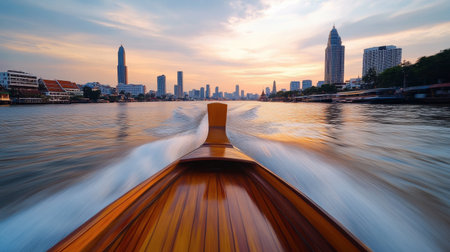 A longtail boat speeding down the Chao Phraya River, with the Bangkok skyline in the distance.の素材