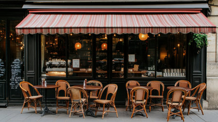 A historic caf in Paris, with vintage chairs and tables set outside, under a striped awning.の素材