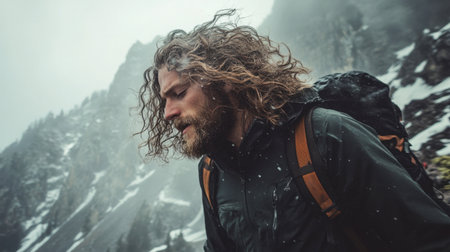 A man with long, curly hair hiking up a mountain, his hair moving with the rhythm of his steps.の素材