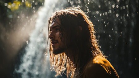 A man with long, straight hair standing by a waterfall, his hair catching the mist and reflecting the sunlight.の素材