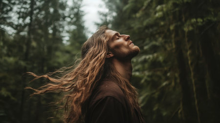 A man with long, flowing hair standing in a forest, his hair blowing gently in the wind as he gazes off into the distance.の素材