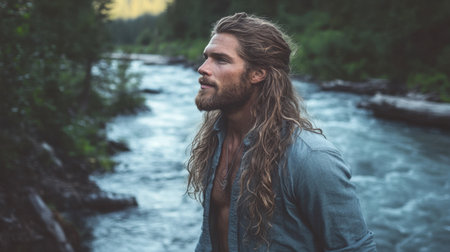 A man with long, wavy hair standing by a river, the natural landscape enhancing his rugged and carefree appearance.の素材