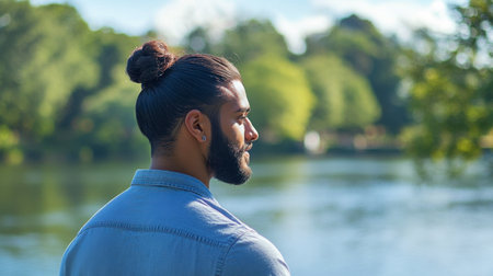 A man with a sleek bun standing by a lake, his hair styled neatly as he enjoys the peaceful surroundings.の素材